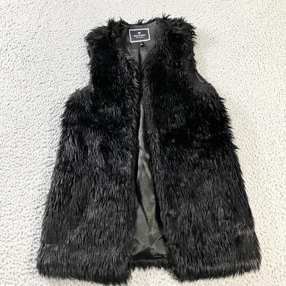 Juicy Couture Vest Womens Small Black Faux Fur Open Front Lined Shaggy Chic Y2k